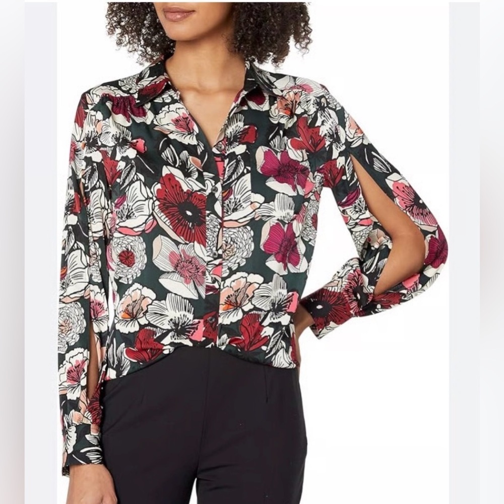 Trina Turk Silk Acacia Melrose Floral Botanical Long Slit Sleeve Sz Medium Shirt